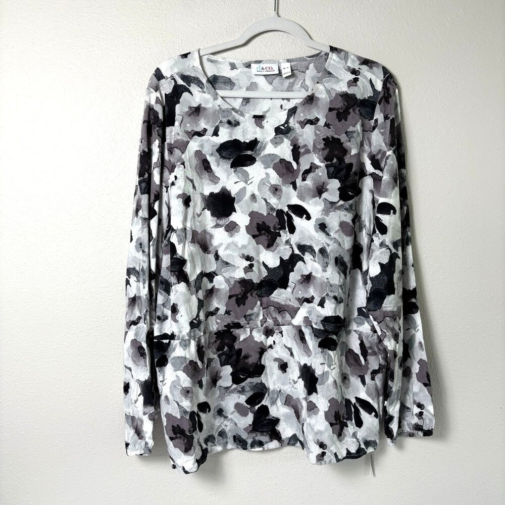 Denim & Co Blouse Size XL Black White Floral Long Sleeve Cinched Waist Tunic Top